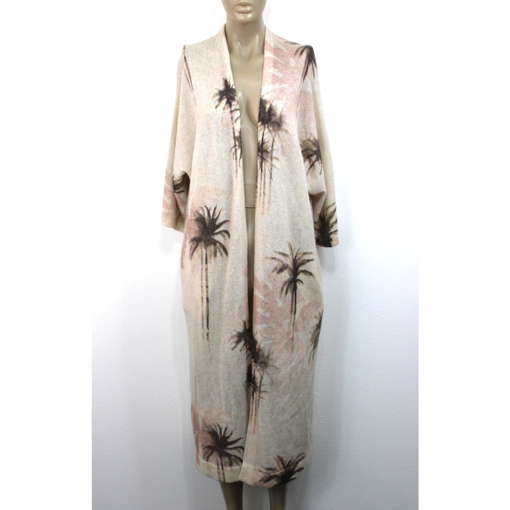 360 Cashmere Long Open Front Cardigan Duster Sweater Palm Trees Beach Size XS
